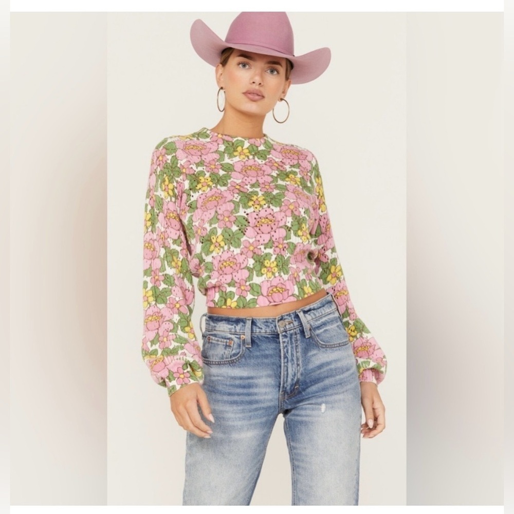 Show Me Your Mumu Vienna in Fresh Floral Cropped Pink Sweater Size XS